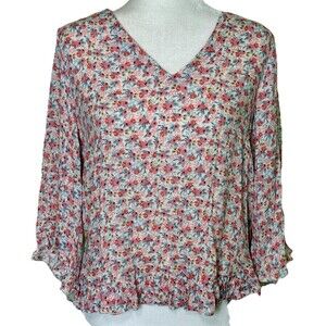 Women’s Romantic Floral Blouse Women’s V Neck Ruffle Hem Soft Feminine Top Sz M